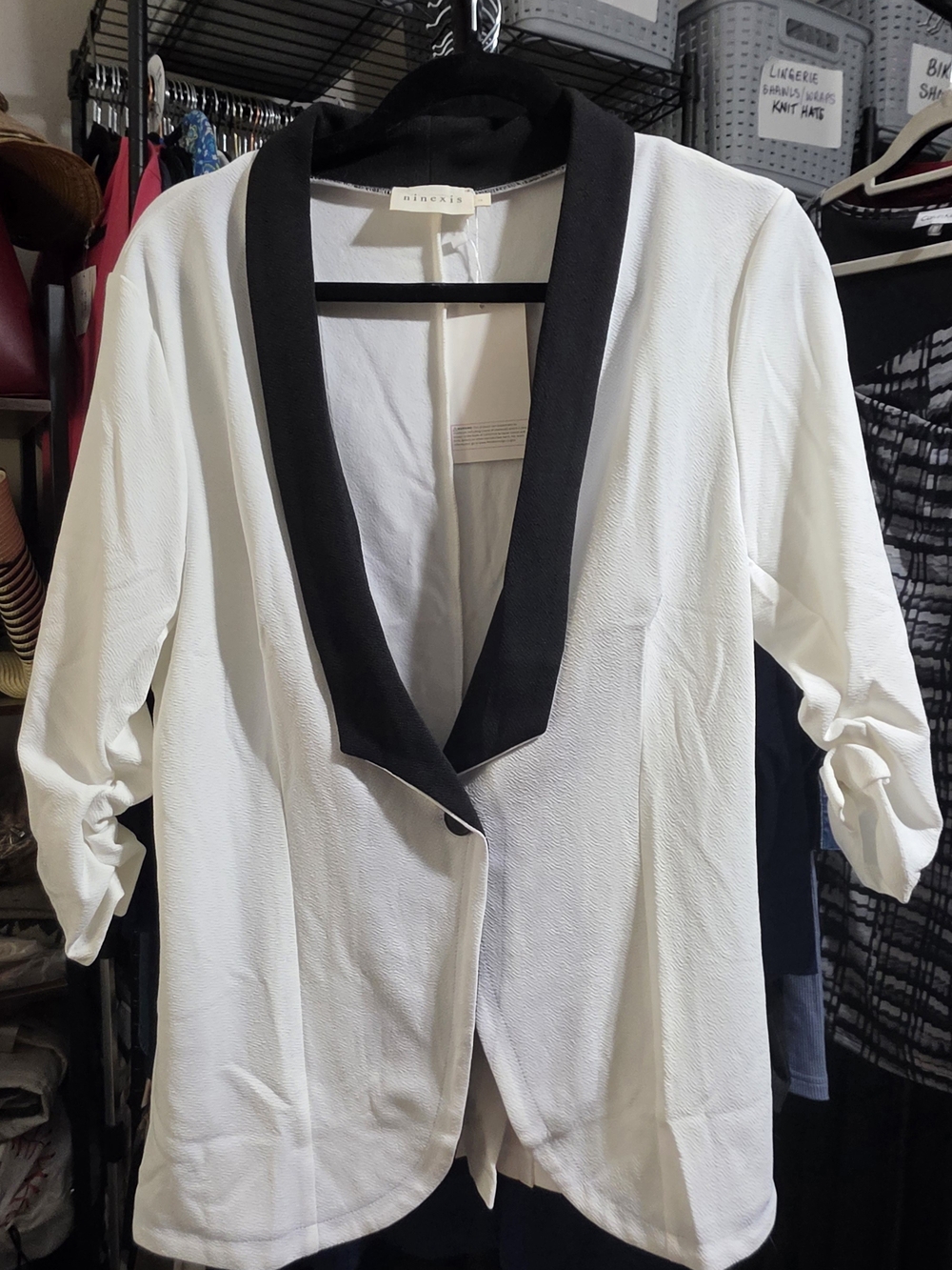 NINEXIS Stretchy WhiteTuxedo Jacket Open-Front Blazer with Black Trim
